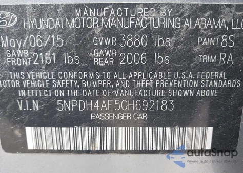 2016 Hyundai Elantra Se from USA, damaged, VIN 5NPDH4AE5GH692183